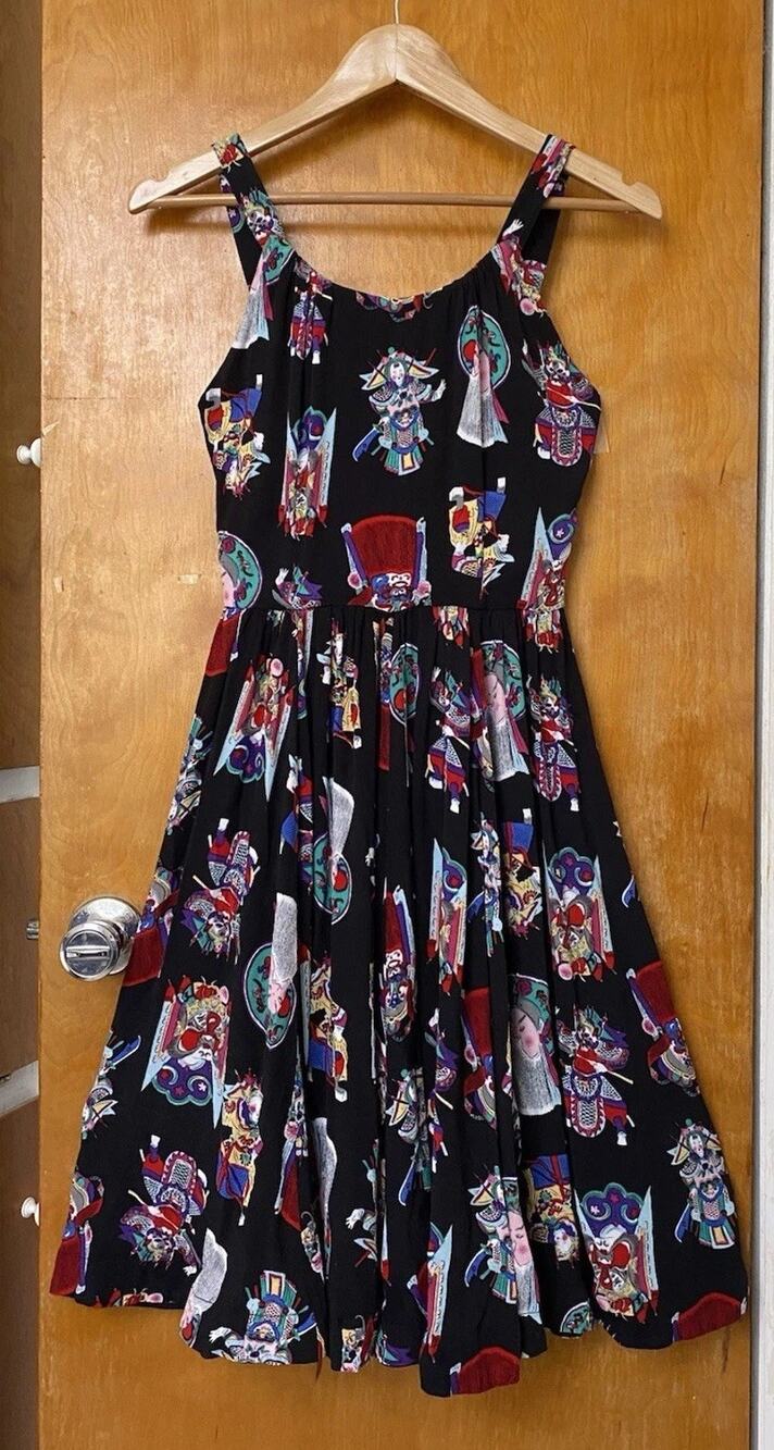 Trashy Diva Annette Middy Dress Chinese Opera Print 40s Vintage Pinup Rayon Sz 6